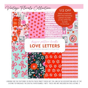 May include: A collection of digital papers with floral and heart patterns in pink, red, and teal. The text "Vintage Florals Collection" and "LOVE LETTERS" are visible. The image includes a "1/2 OFF" promotion.