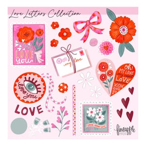 May include: A collection of watercolor illustrations with a Valentine's Day theme. The image features stamps, flowers, hearts, bows, and an envelope with the words "Love You" and "My Love". The color palette includes pink, red, and white.
