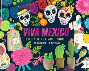 Mexican Fiesta Clipart Bundle: Cactus, Skulls, Banner (Digital Download)