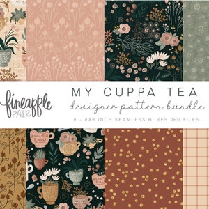 Papier numérique garden-party, papier numérique tasse à thé, papier numérique plantes mignonnes, tasse à thé JPG sans couture, papier numérique jardin, DH