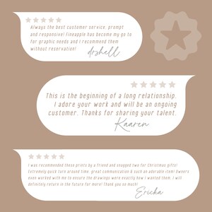 May include: A tan background with three white speech bubbles containing customer reviews. The reviews mention excellent customer service, promptness, and high-quality graphic needs. The reviews are signed by drshell, Kaaren, and Ericka.