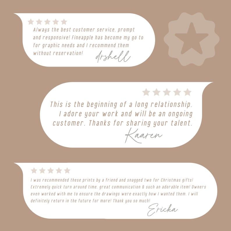 May include: A tan background with three white speech bubbles containing customer reviews. The reviews mention excellent customer service, promptness, and high-quality graphic needs. The reviews are signed by drshell, Kaaren, and Ericka.
