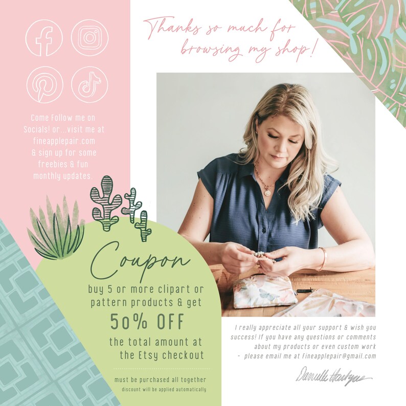 May include: A promotional image with a woman seated at a table, with text that says "Thanks so much for browsing my shop!" and "Coupon: buy 5 or more clipart or pattern products & get 50% OFF". Social media icons are also visible.