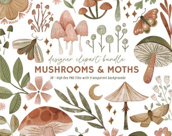 Mushroom Clipart Bundle, Cottagecore PNG, Moth Clip Art, Woodland Botanical Graphics, Forest Mushrooms, Nature PNG