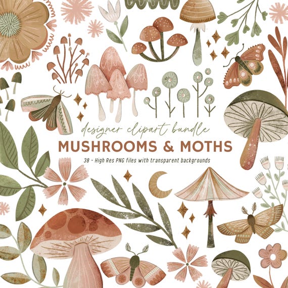 Mushroom Clipart Bundle, Cottagecore PNG, Moth Clip Art, Woodland Botanical Graphics, Forest Mushrooms, Nature PNG