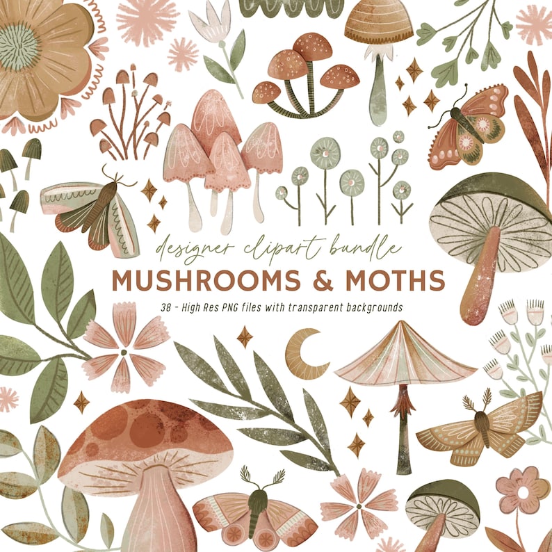 Hand-drawn mushroom and moth clipart bundle with woodland fungi, botanical leaves, butterflies, and cottagecore illustrations on a neutral background.