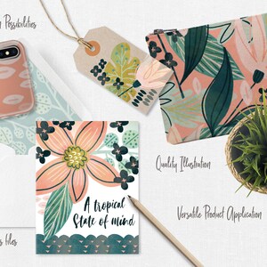 May include: A set of digital illustrations featuring tropical floral patterns in pink, green, and black. The illustrations are shown on a phone case, a card, a pouch, and a gift tag. The text "A tropical state of mind" is on the card.