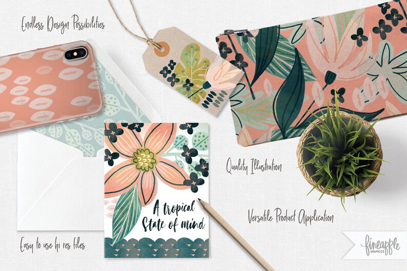 May include: A set of digital illustrations featuring tropical floral patterns in pink, green, and black. The illustrations are shown on a phone case, a card, a pouch, and a gift tag. The text "A tropical state of mind" is on the card.