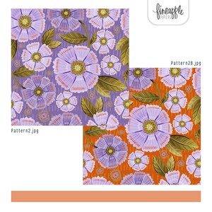 Puede incluir: Dos dise&ntilde;os de patrones florales. Uno presenta flores de lavanda con centros dorados y hojas verde oliva sobre un fondo lavanda. El otro dise&ntilde;o tiene las mismas flores y hojas sobre un fondo naranja. Los textos "Pattern2.jpg" y "Pattern2B.jpg" son visibles.