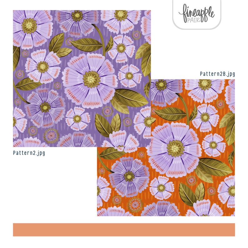 Puede incluir: Dos dise&ntilde;os de patrones florales. Uno presenta flores de lavanda con centros dorados y hojas verde oliva sobre un fondo lavanda. El otro dise&ntilde;o tiene las mismas flores y hojas sobre un fondo naranja. Los textos "Pattern2.jpg" y "Pattern2B.jpg" son visibles.