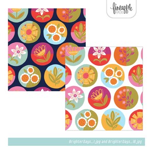 May include: Two floral pattern designs. One features a navy blue background with colorful flowers in circles. The other has a white background with similar floral designs. The flowers are in shades of yellow, orange, pink, and white.