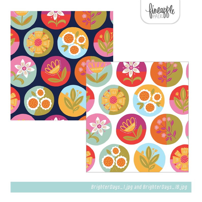 May include: Two floral pattern designs. One features a navy blue background with colorful flowers in circles. The other has a white background with similar floral designs. The flowers are in shades of yellow, orange, pink, and white.