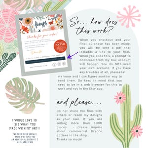 May include: A floral-themed thank you card from Fineapple, with the text "thanks for your order!" and a discount code. The card is surrounded by watercolor illustrations of plants and flowers, with instructions on how to download the product.