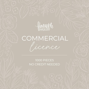Puede incluir: Un diseño floral blanco rodea el texto "pineapple paired" y "COMMERCIAL licence" con el texto "1000 PIECES NO CREDIT NEEDED" debajo.