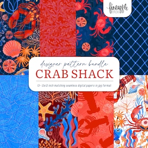Seafood Pattern Bundle, nautische Designs rot blau, strukturierte Küstenmuster, handgezeichnete Pflanzenwelt, Küstendekor, Krabbenmuster