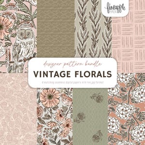 Pode incluir: Uma coleção de oito papéis digitais com designs florais vintage. Os padrões incluem imagens de uma coruja, flores e folhas em tons de rosa, verde e castanho. O texto "VINTAGE FLORALS" é exibido em uma faixa branca.