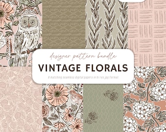 Vintage Floral Seamless Patterns: Bold Vintage Prints (Digital Download), Hand Drawn Botanical Papers JPGs