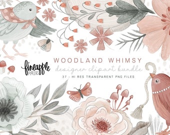 Baby Birds Clipart, Woodland Animal & Flower PNG Bundle (Digital Download)