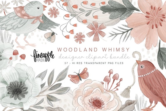 Baby Birds Clipart, Woodland Animal & Flower PNG Bundle (Digital Download)