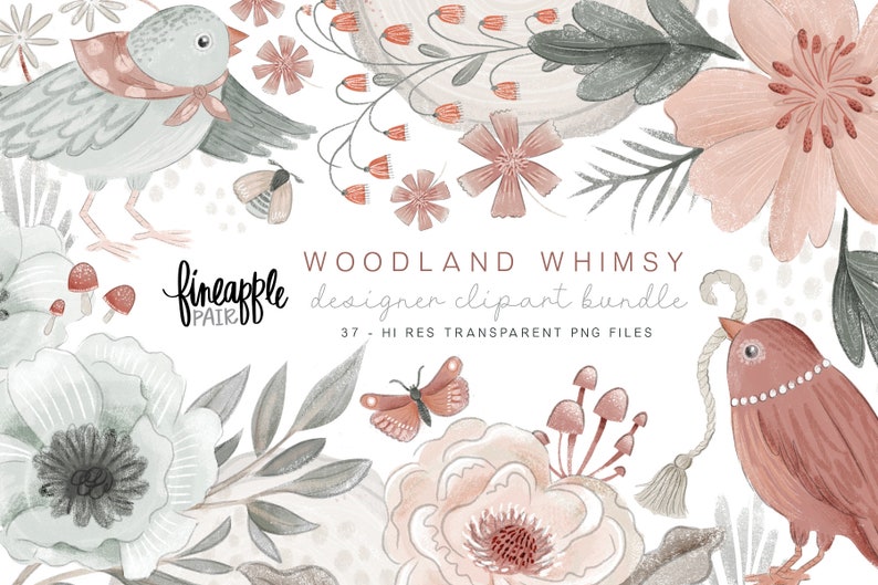 May include: A digital clipart bundle featuring 37 high-resolution transparent PNG files. The illustrations include a variety of woodland creatures, flowers, and foliage in soft pink, gray, and green tones. The text "WOODLAND WHIMSY designer clipart bundle" is included in the image.