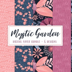 May include: A digital paper bundle with six designs featuring a mystical garden theme. The patterns include pink and blue flowers, leaves, and abstract shapes on a dark blue background.