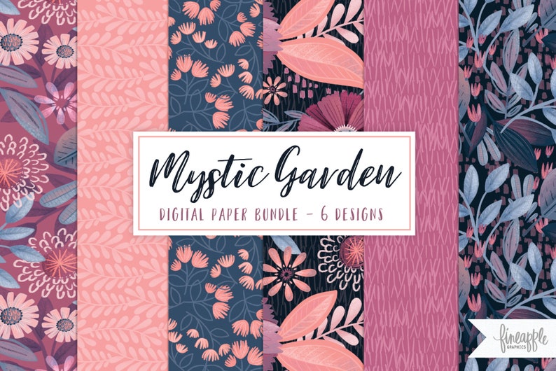 May include: A digital paper bundle with six designs featuring a mystical garden theme. The patterns include pink and blue flowers, leaves, and abstract shapes on a dark blue background.