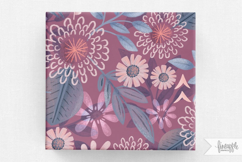 May include: A seamless pattern featuring a repeating design of pink and blue flowers and leaves on a deep purple background.