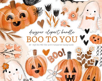Whimsical Halloween Clipart Bundle, Ghosts, Pumpkins (PNG)
