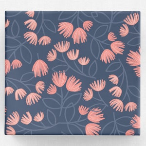 May include: A seamless pattern featuring pink stylized flowers on a dark blue background. The flowers are outlined in white and have a brushstroke effect.