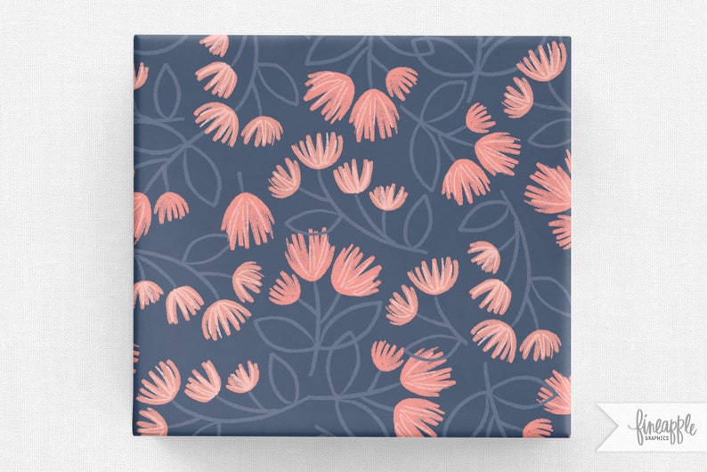 May include: A seamless pattern featuring pink stylized flowers on a dark blue background. The flowers are outlined in white and have a brushstroke effect.