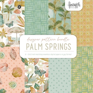 May include: A designer pattern bundle titled "Palm Springs" featuring eight 12x12 inch seamless digital papers in JPG format. The designs include beach scenes, palm trees, butterflies, and geometric patterns in shades of green, peach, and beige.