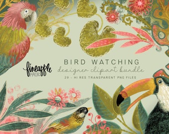 Tropical Birds Clipart: Jungle Foliage PNG (Digital Download)