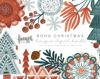 Paquete de imágenes prediseñadas navideñas bohemias: Gráficos navideños de invierno (PNG)