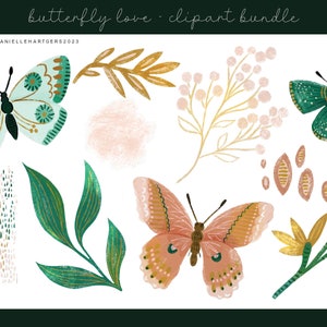 May include: A digital clipart bundle featuring butterflies, leaves, and flowers in shades of green, gold, and pink. The butterflies have intricate patterns and are in various poses. The leaves and flowers are stylized and have a delicate, whimsical feel.
