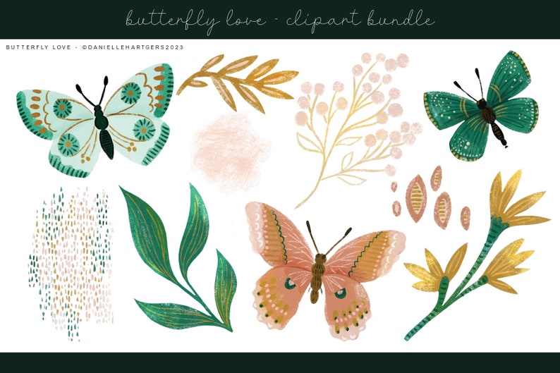 May include: A digital clipart bundle featuring butterflies, leaves, and flowers in shades of green, gold, and pink. The butterflies have intricate patterns and are in various poses. The leaves and flowers are stylized and have a delicate, whimsical feel.