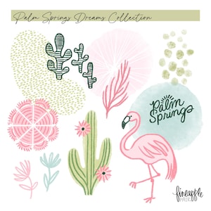 May include: A digital illustration featuring a flamingo, cacti, and floral elements in shades of pink, green, and blue. The text "Palm Springs Dreams Collection" and "Palm Springs" are included.