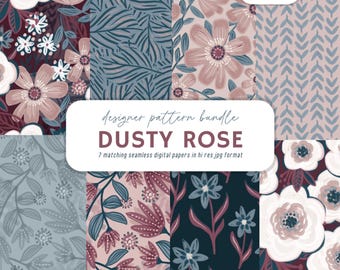 Dusty Rose Seamless Pattern Bundle | 7 Floral Digital Papers | Boho Botanical JPGs | High-Res Scrapbook Backgrounds