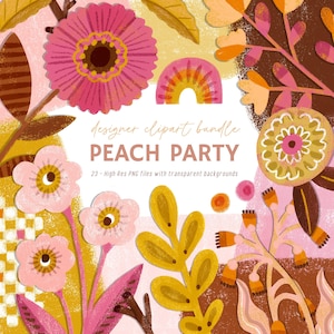 Op de afbeelding: Een digitale clipartbundel getiteld "PEACH PARTY" met bloemenillustraties in tinten roze, perzik, geel en bruin. Het ontwerp bevat bloemen, bladeren en een regenboog, met de tekst "designer clipart bundle" en "23 - High Res PNG files with transparent backgrounds".