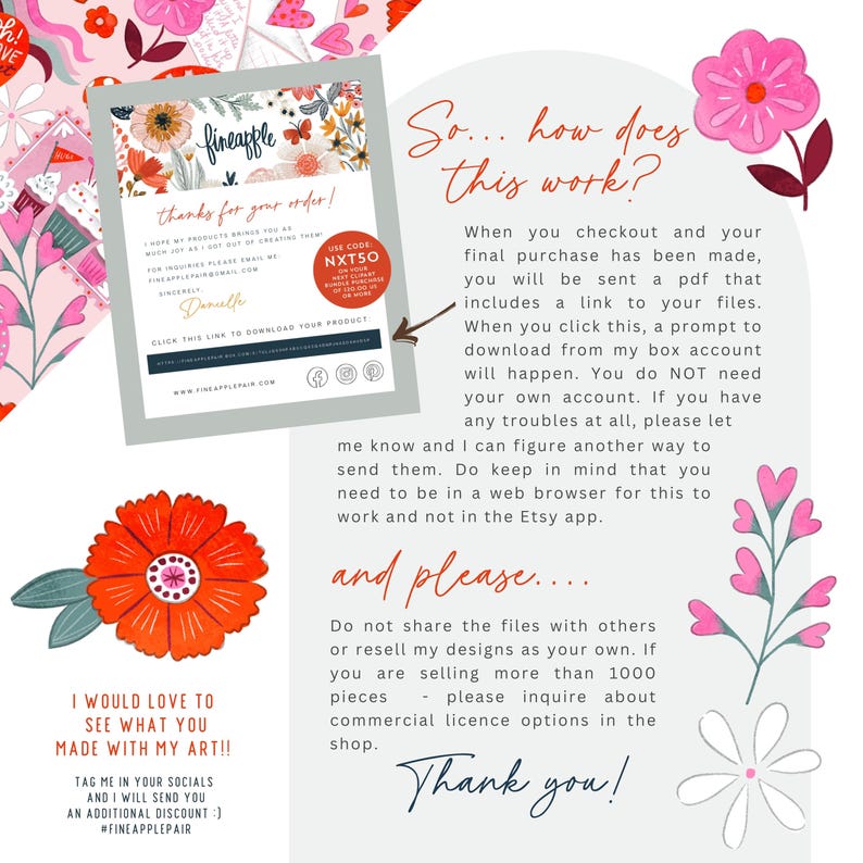 May include: A digital download instruction card with floral and butterfly illustrations. The card includes the text "thanks for your order!" and instructions on how to download the product. A discount code is also included.