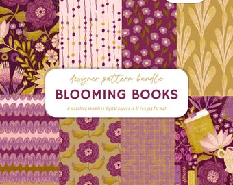Book Club Clipart: Bookish Patterns, Library Seamless Jpgs, Flowers and Books seamless