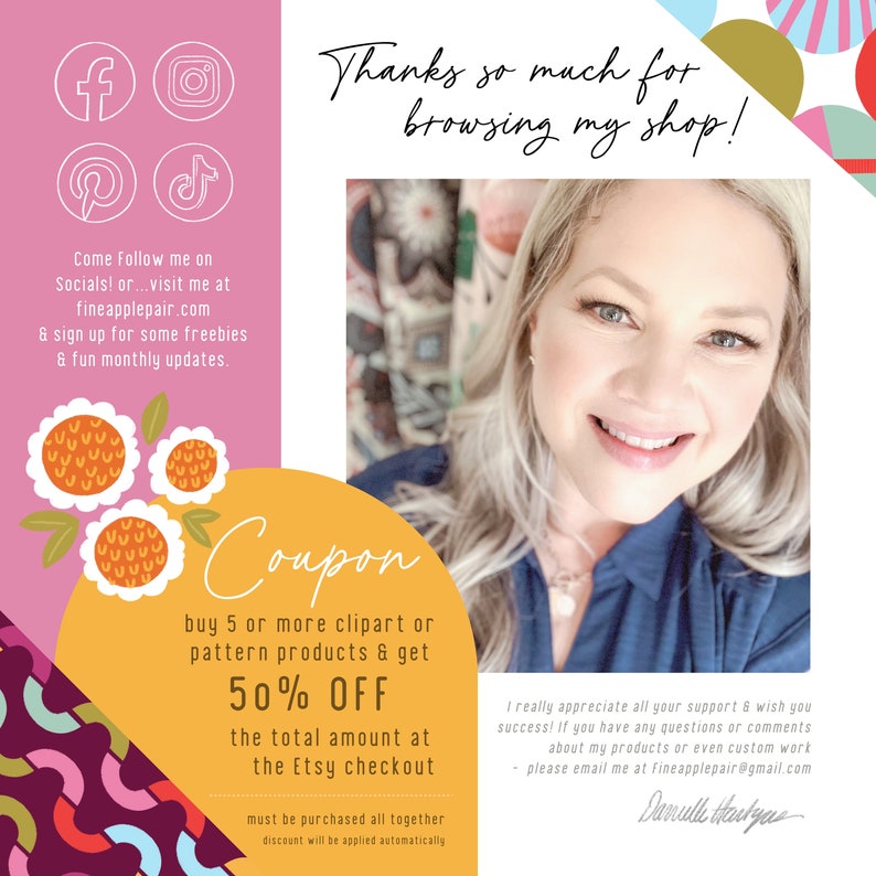 May include: A promotional image with a smiling woman and text. The text includes "Thanks so much for browsing my shop!" and a coupon offer: buy 5 or more clipart or pattern products & get 50% OFF at the Etsy checkout. Social media icons are also present.