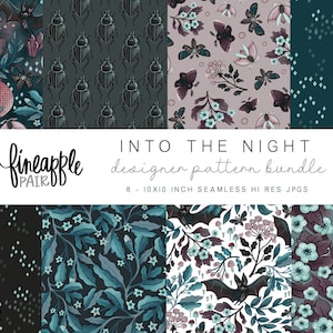 May include: A set of eight 10x10 inch seamless digital patterns featuring a variety of nature-inspired designs. The patterns include a dark teal background with white stars, a dark teal background with a repeating beetle pattern, a light pink background with a floral pattern, a dark teal background with a repeating diamond pattern, a dark teal background with a floral pattern, a white background with a floral pattern, a dark teal background with a floral pattern and bats, and a light gray background with a floral pattern.