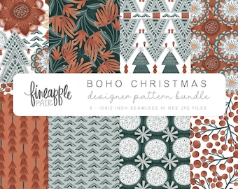 Papel digital navideño bohemio: estampados florales sin costuras (paquete de 8)