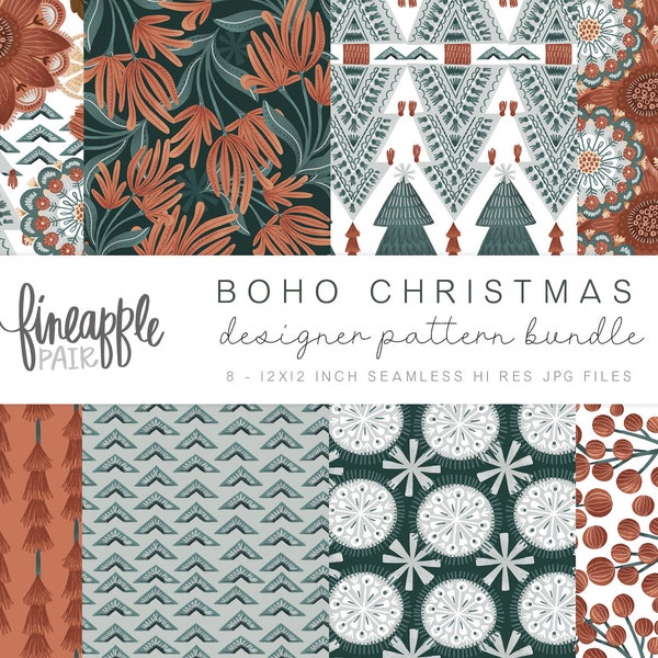 Cute Christmas Digital Paper, Christmas Floral Pattern, Cute Holiday Seamless Patterns, Holiday Graphic Pack, Boho Christmas Patterns, DH