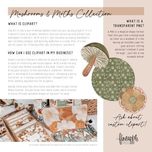 以下が含まれることがあります： Mushrooms & Moths Collectionというタイトルのデジタル情報グラフィック。クリップアートと透過PNGファイルの説明テキストに加え、キノコ、緑色の模様入り円、花のイラストが描かれ、下部には製品写真が配置されています。