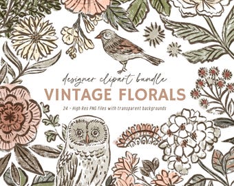 Vintage Floral Clipart, Hand-Drawn Botanical PNG Bundle (Digital Download)