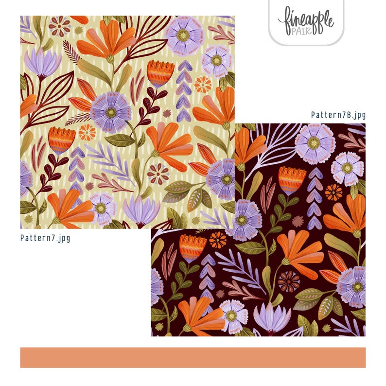 Puede incluir: Dos dise&ntilde;os de patrones florales. Uno presenta flores naranjas y moradas con hojas verdes sobre un fondo crema. El otro tiene un dise&ntilde;o similar sobre un fondo marr&oacute;n oscuro. El texto "fineapple pair" est&aacute; en la esquina superior derecha.
