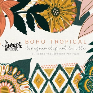 Op de afbeelding: Een set van 18 digitale clipart-illustraties met een boho-tropisch thema. De illustraties omvatten bloemen, bladeren en geometrische patronen in tinten roze, groen, geel en oranje. De tekst "pineapple pair" en "boho tropical designer clipart bundle" is opgenomen in de afbeelding.