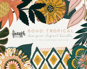Boho Chic Clipart, boho digital paper, Bohemian Tropical Graphics, Boho Floral Clipart, DH