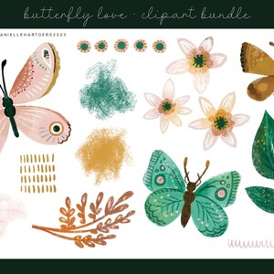 May include: A digital clipart bundle featuring illustrations of butterflies, flowers, and leaves. The butterflies are in pink, green, and brown with intricate patterns. The flowers are white with pink and brown accents. The leaves are green with gold accents. The illustrations are in a watercolor style.